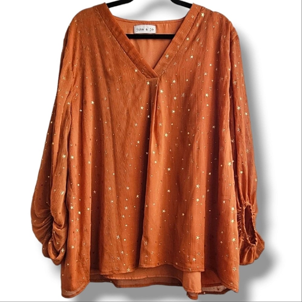 June & Jo Burnt Orange Chiffon Starry Oversized Flowy Ballon Sleeve Top Size XL